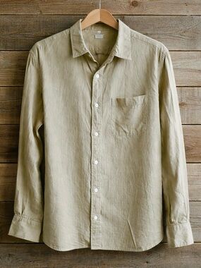 Muji Olive Beige Linen Long-Sleeve Button-Down Shirt Size L